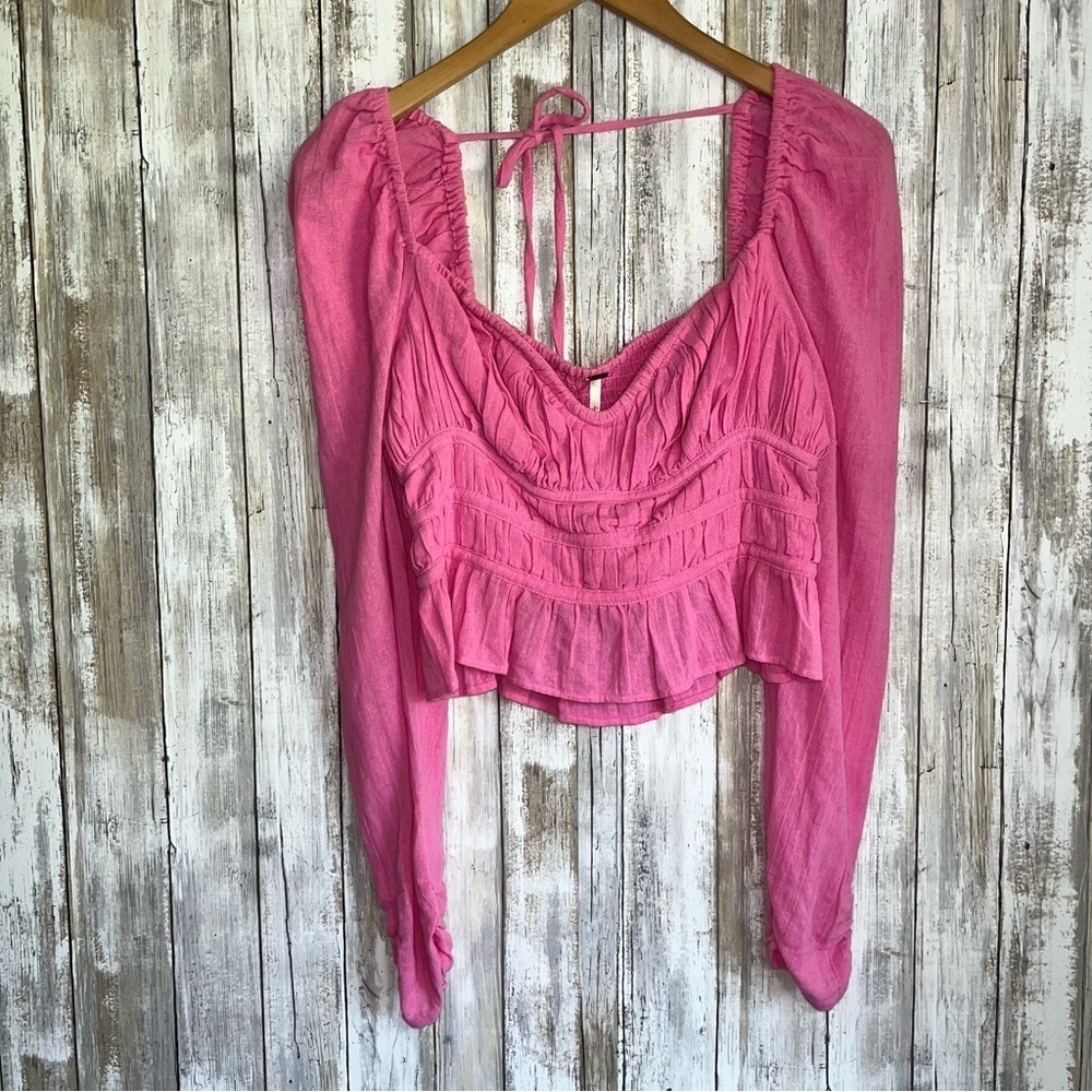 NWT Free People Chloe Pink Smocked Tie Back Blouse Puff Sleeve Crop Top S - Picture 2 of 7